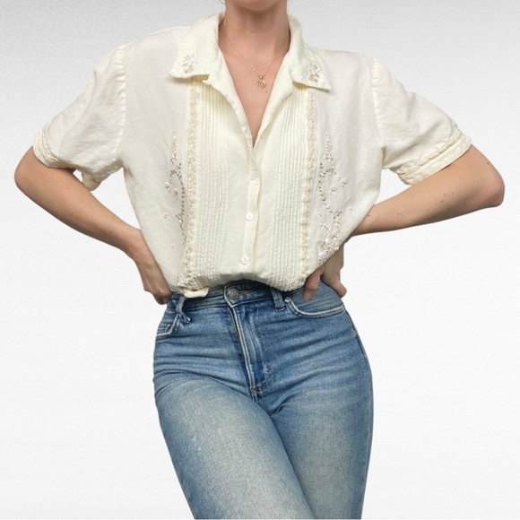 Positive Attitude Tops - Positive Attitude | Oatmeal Embroidered Linen Blend Cropped Y2K Retro Shirt